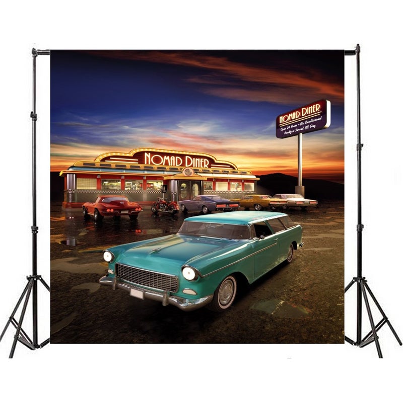 Yeele 8x8ft Retro Nostalgia 50S 60S Backdrop Vintage Eatery Dinner Motorcycle Car Party Banner Photography Background Girl Boy Adult Portrait Photo Booth Shooting Photocall Studio Props Y2BK06024 - Image 2